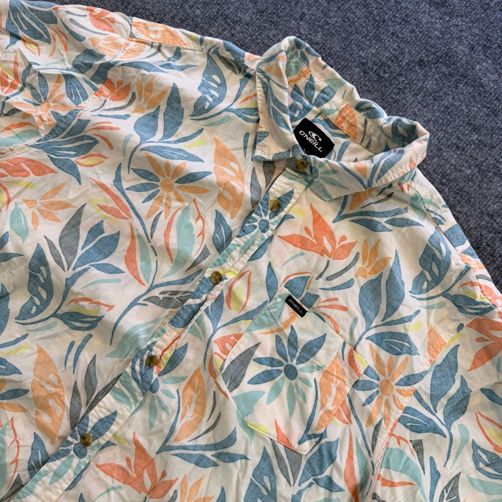ONeill Mens Large Tropical Floral Button Up Shirt Short Sleeve Cotton Viscose